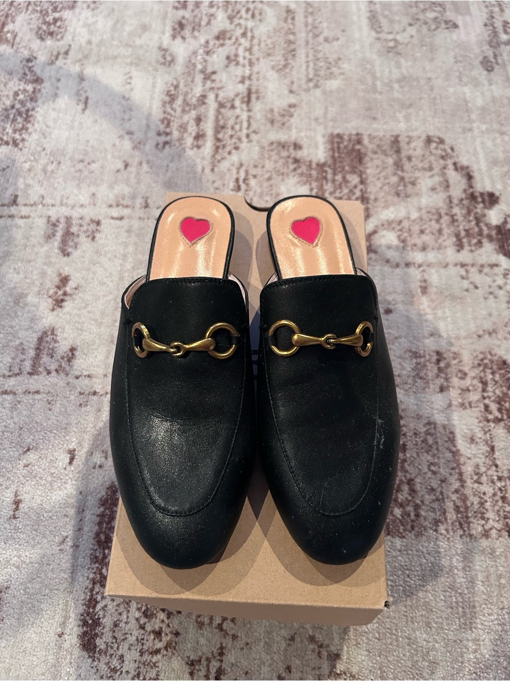 Black Slip-On Mule Loafers with Gold Bit Detail